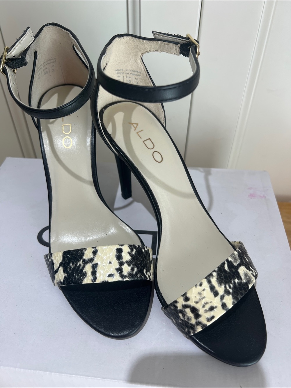 Aldo Black High Heel Sandals with Snake-Print Front Strap